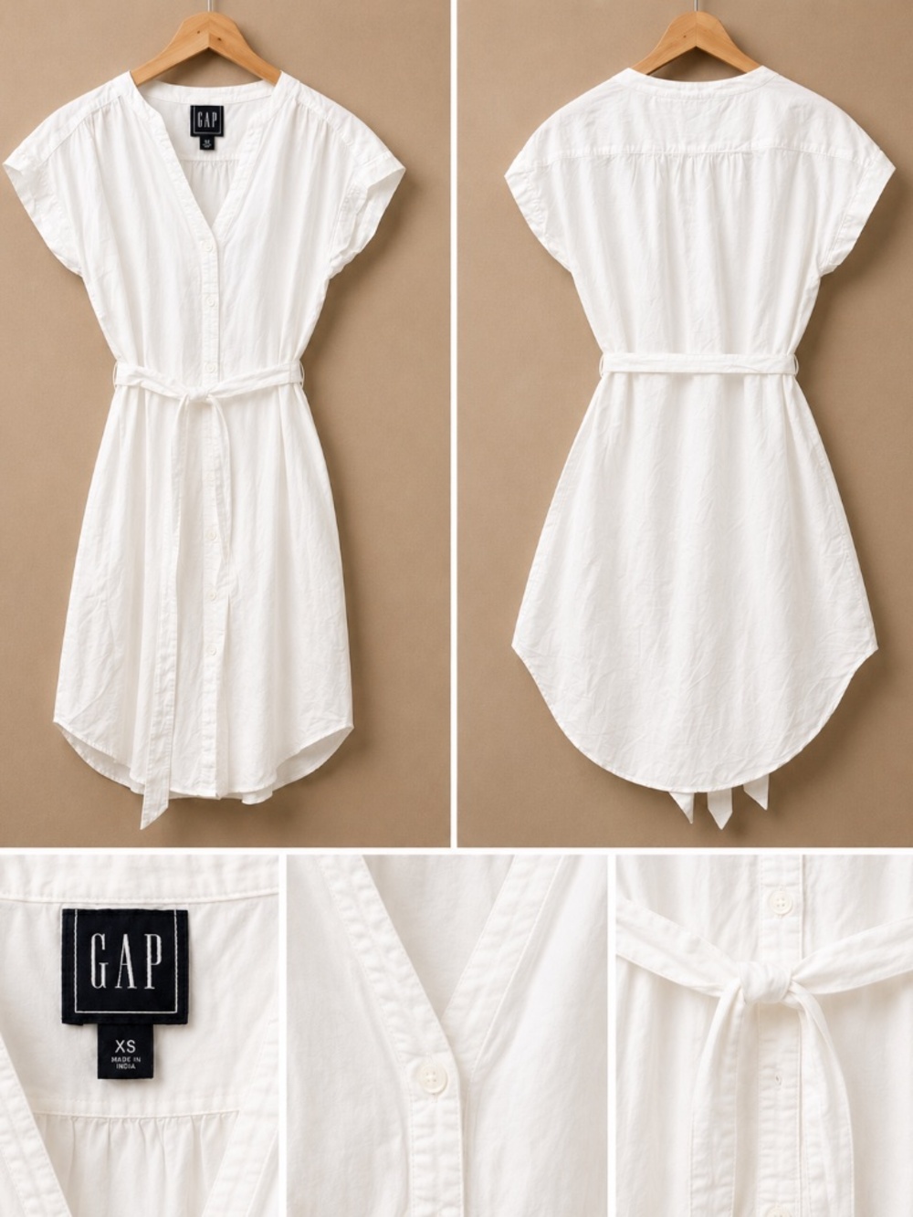Gap White Button Front Shirt Dress Tie Waist XS with slip